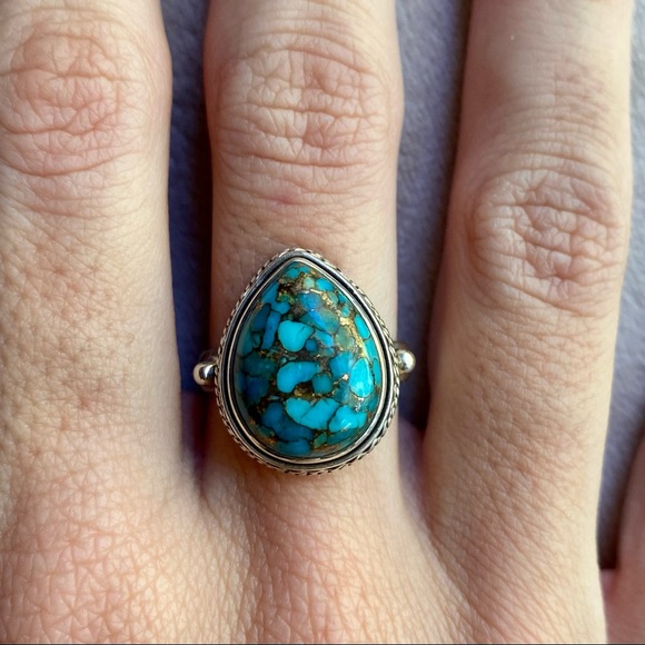 Blue Turquoise Copper Sterling Silver Ring Size 7 - Picture 5 of 10